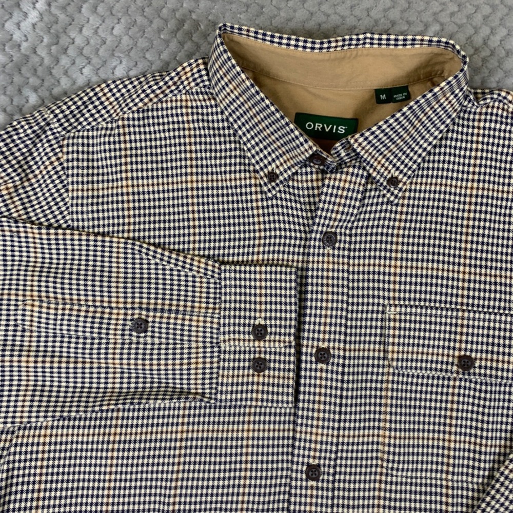 Orvis Spencer Shirt Mens M Navy Tan Houndstooth Classic Fit Cotton 183Z